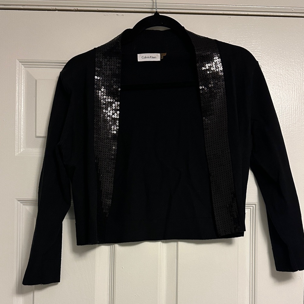 Calvin Klein Black Sequin Trim Cropped Cardigan Bolero Shrug